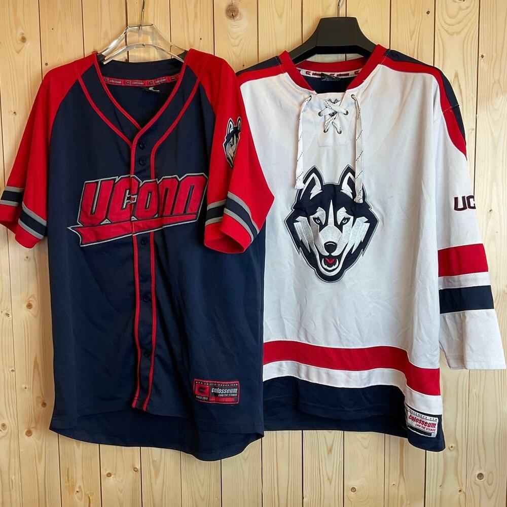 BUNDLE: UCONN Hockey Jersey, White (XL) + UCONN Baseball Jersey, Navy/Red (L)